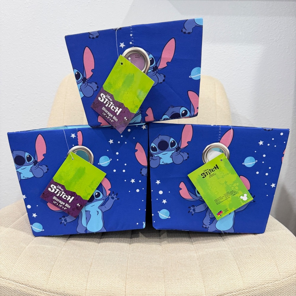 NEW Disney Stitch Storage Bin Set of 3 Blue Galaxy Space‎ Fabric Organizers